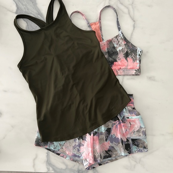 Fabletics 3pc set shorts sports bra tank. Floral. Size S/M.
